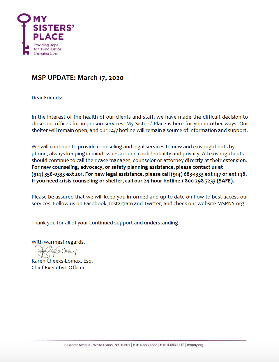 COVID19 A letter from our CEO My Sisters' Place Providing Hope